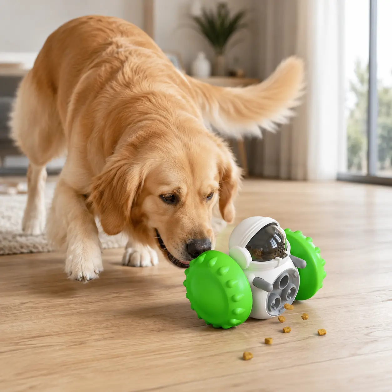 dog using treat dispensing dog toy for slow feeding
