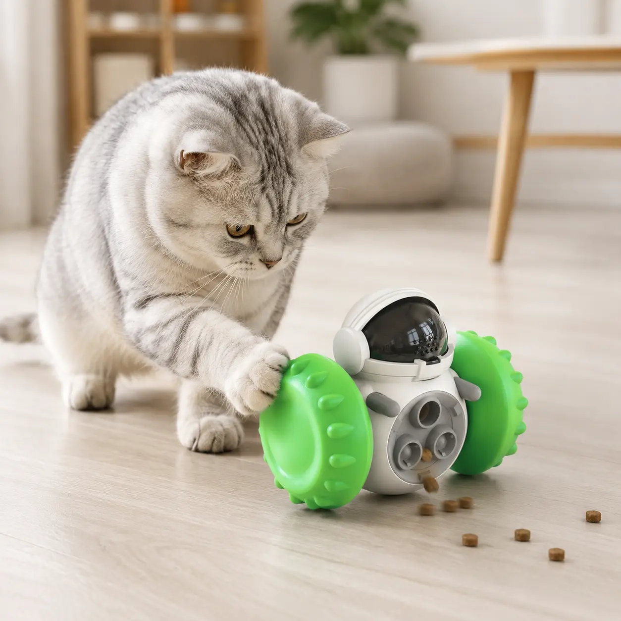cat using treat dispensing toy