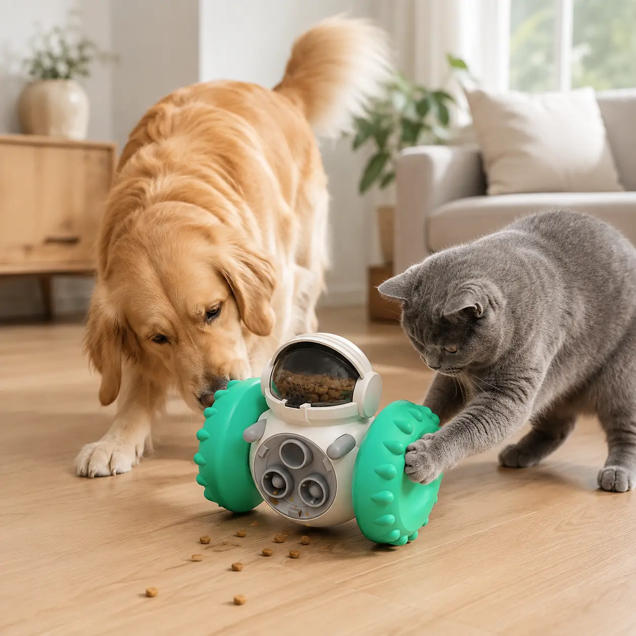 dog and cat using treat dispensing dog toy