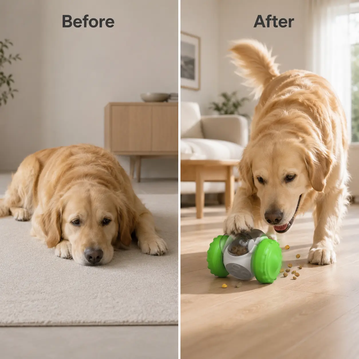 before and after using treat dispensing dog toy