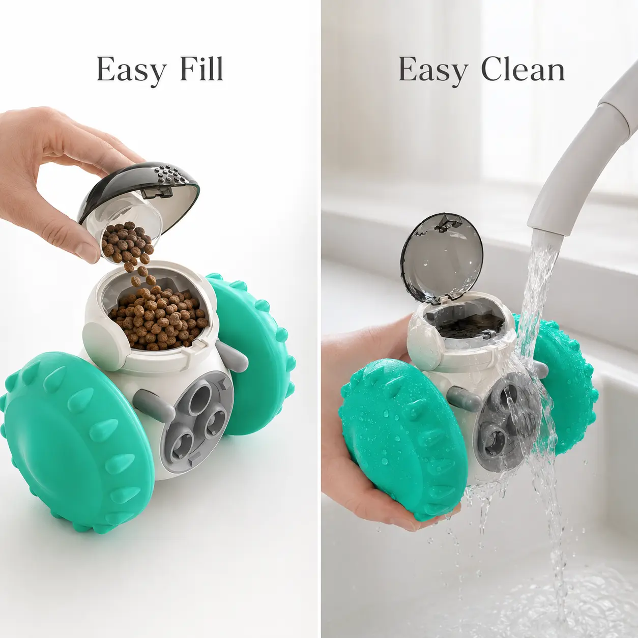 easy fill and clean treat dispensing dog toy