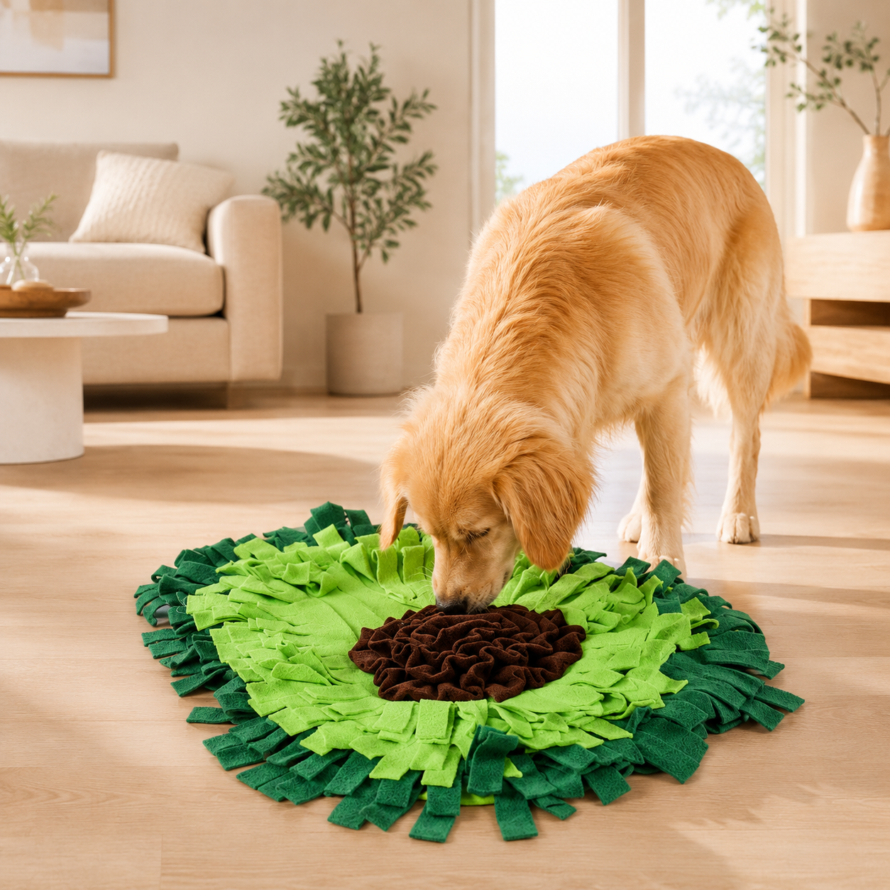 dog using dog snuffle mat for nosework training