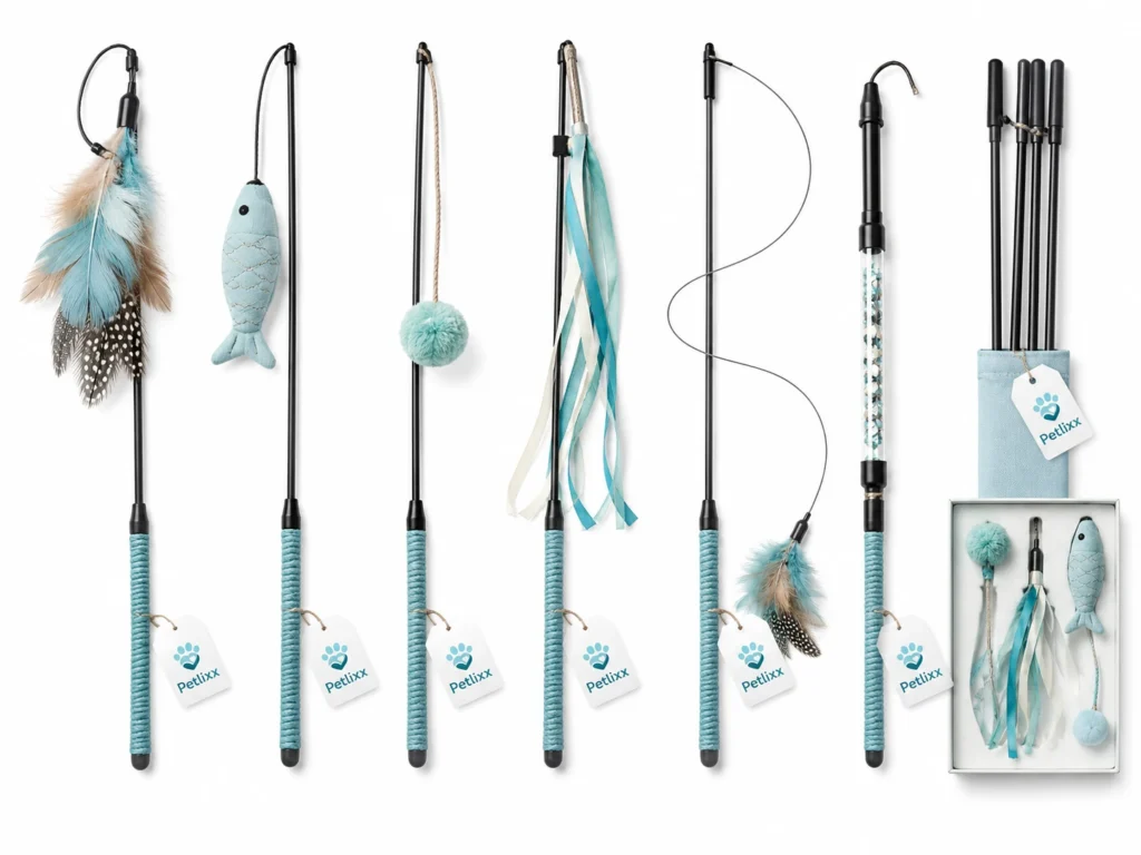 cat wand toy types with feather fish and ball attachments