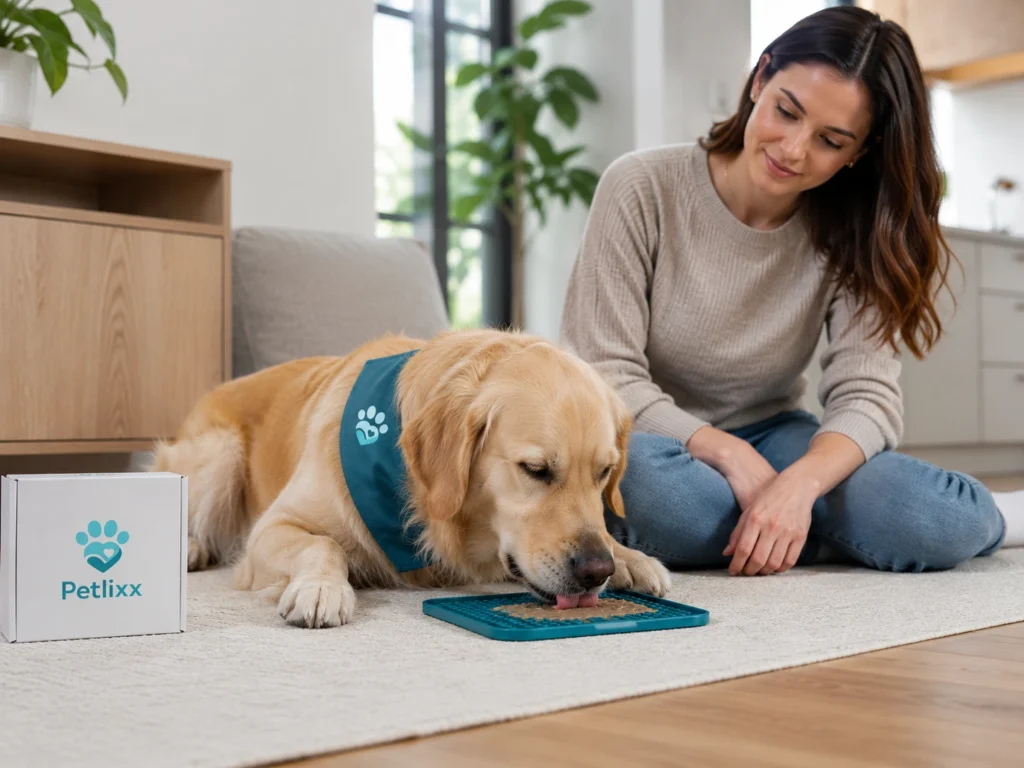 dog using a lick mat for calm enrichment