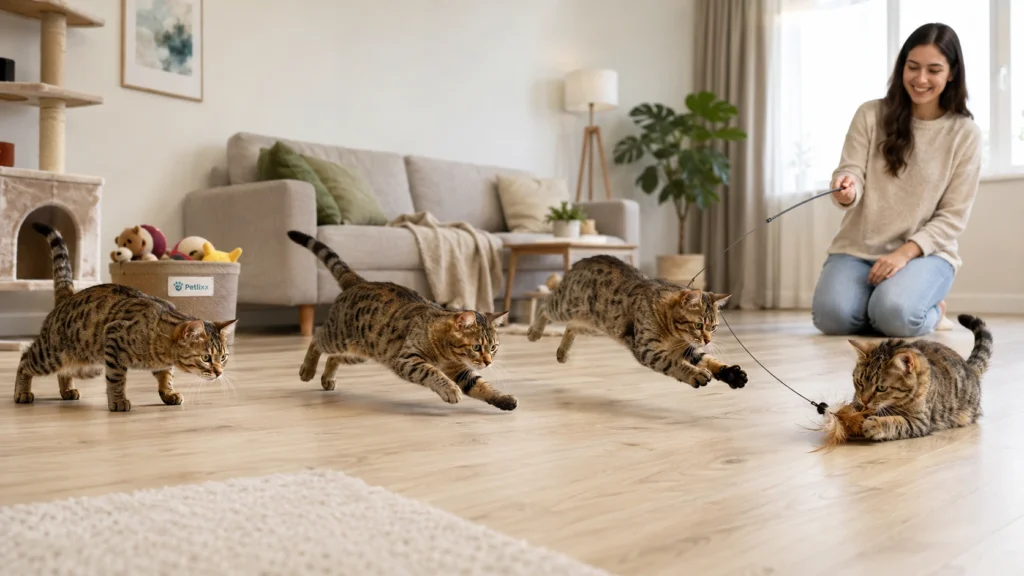 indoor cat following a cat wand play routine
