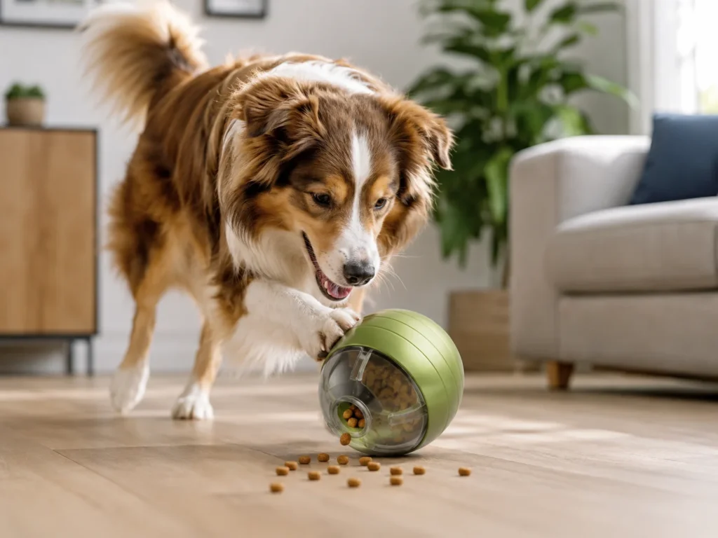 dog using treat dispensing dog toy