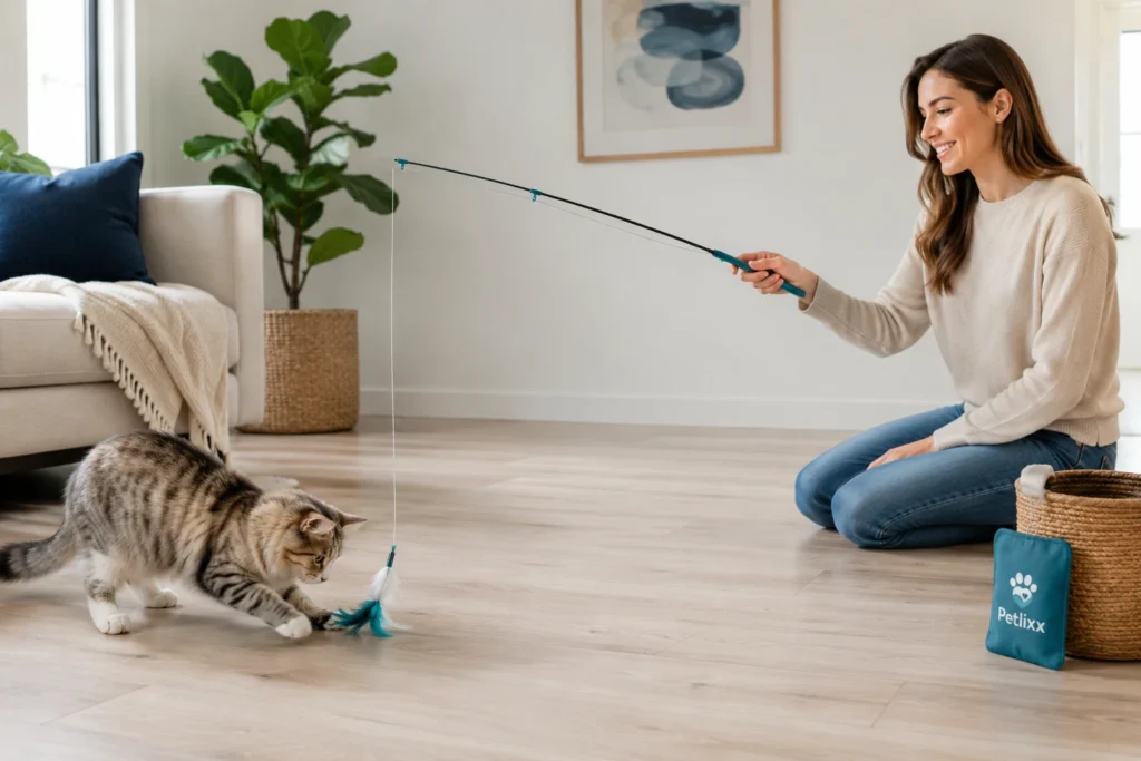 safe supervised cat wand play indoors