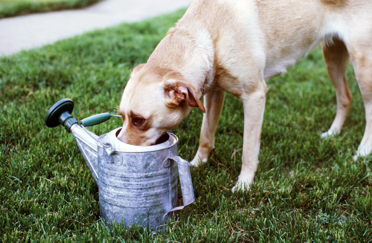 Dog drinking water next to a dog water fountain